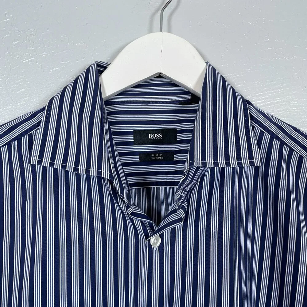 Hugo Boss Men 43 17 Navy Blue White Stripe Shirt Slim Fit Two Ply Spread Collar - Picture 4 of 10